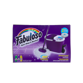 Trapeador giratorio y cubeta Fabuloso® con la ilustración de una mopa giratoria y su cubeta.